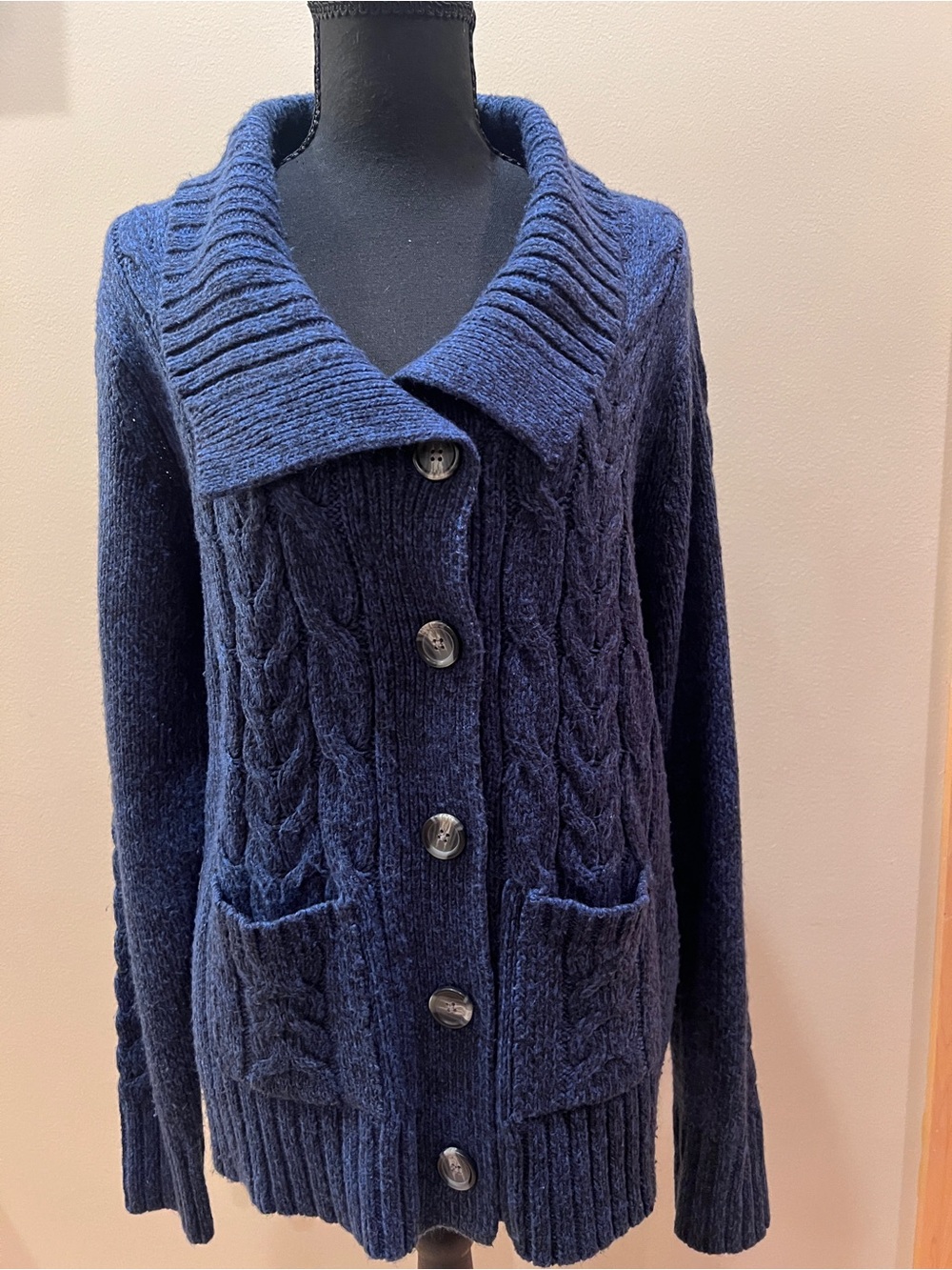 Cozy Women’s Navy Shawl Collar Button Cable-Knit Cardigan Grandmacore Cottage XL